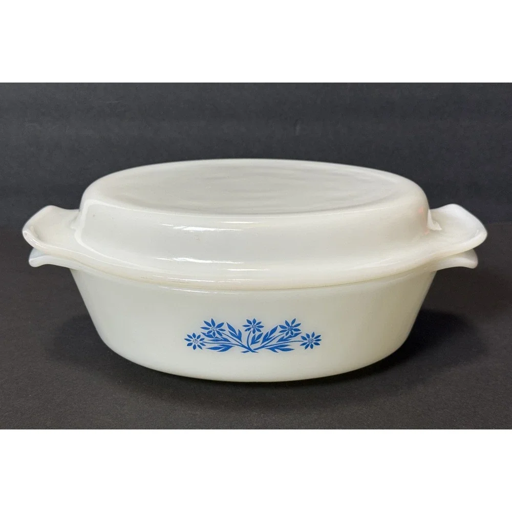 ANCHOR HOCKING Fire King VTG Blue Cornflower Casserole Dish #433 1.5 QT - 2 Lids